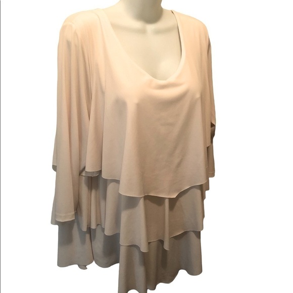Susan Graver Liquid Knit Tiered Dressy Top 3/4 Ivory V Neck Size 1X Business - Picture 2 of 5